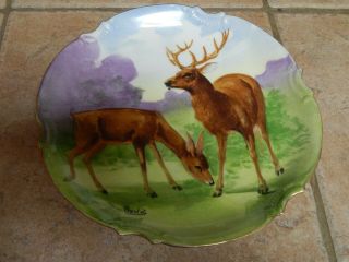 Antique Old Abbey Limoges France Hp Porcelain Deer Design Game,  Cabinet Plate,  S