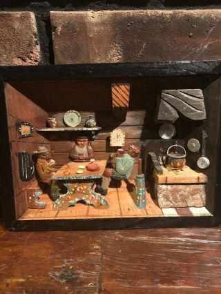 Rare Vintage Anri Carved Wood Wall Diorama 3d Scene House Tavern Very Detailed
