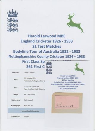 Harold Larwood England Cricketer Ashes Bodyline Tour 1932 - 33 Rare Hand Signed