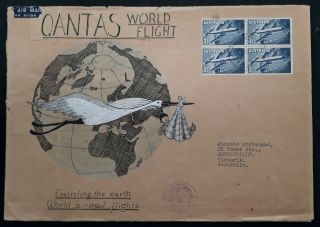 Rare 1958 Australia Private Qantas World Flight Cover Qatnas Round The World Cd
