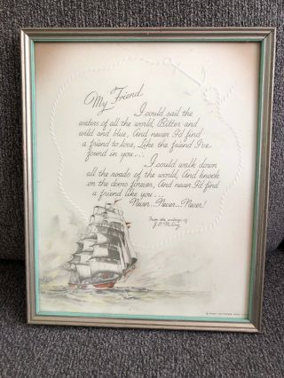 Vintage Buzza Motto Framed Print " My Friend " J.  P.  Mcevoy Usa Sailing Ship Ocean