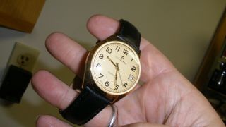 Junghans Mens Quartz Watch Vintage Fine Gold Tone Leather