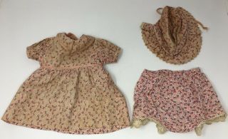 Vintage Antique Doll Pink Floral Dress With Matching Underwear & Hat Bonnet