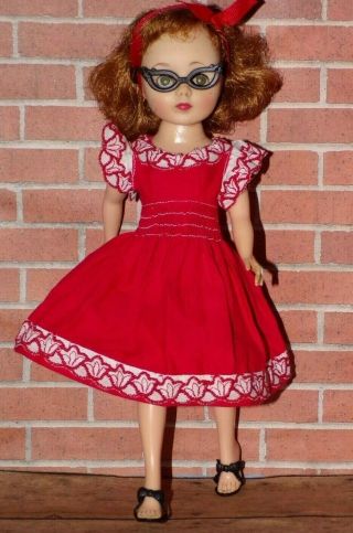 Vintage American Character Toni Doll,  Red Party Dress,  Eyeglasses,  Shoes 2