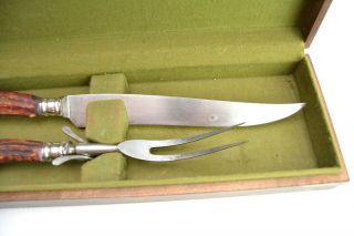 Marshall Field Stag Antler Handle Meat Carving Set Knife Fork Sterling Silver 2