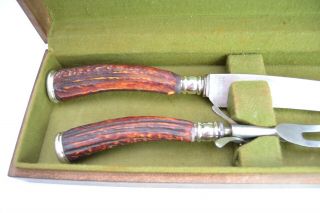 Marshall Field Stag Antler Handle Meat Carving Set Knife Fork Sterling Silver 3