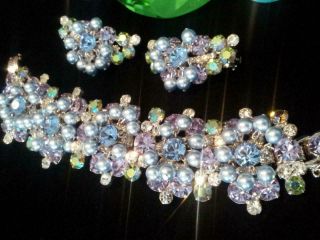 Vtg Rare Juliana Set Cha Cha Wide Bracelet & Earrings W Lt Blue Pears Dangles