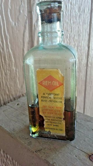 Vintage Remington Rare Rem - Oil Bottle With Oil,  Paper Label And Cork Stopper