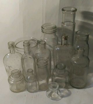 13 Antique Vintage Assorted Glass Bottles Ideal Listerine Anchor Inkwells