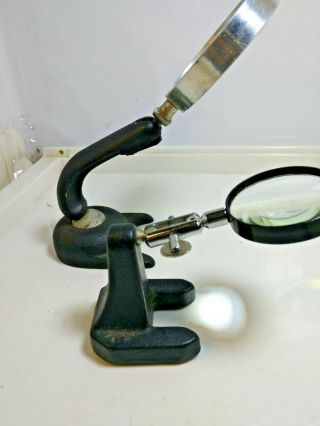 Vintage Pair Magnifying Glass Adjustable Stand Cast Iron Base Industrial