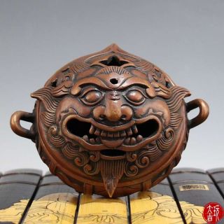 Chinese Antique Brass Carved Ornament Lion Head Incense Burner Home Decorations