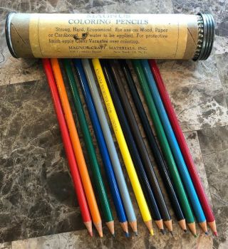 Rare Vintage 1950’s Magnus Wood Coloring Pencils Set W/ Tin Case