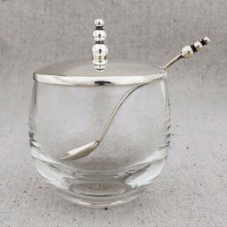 Vintage Art Deco Sterling Silver Crystal Glass Condiment Jam Mustard Pot W Spoon