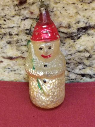 Antique German Christmas Ornament Of Snowman With Green Broom And A Red Hat