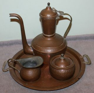 Antique/vintage Hand Hammered Copper Arabic/turkish Teapot Sugar/creamer/tray