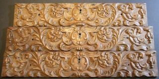 Three Antique 17th Century Carved Walnut Wood Drawer Front Panels Acanthus Leaf