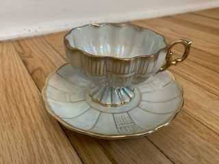 Vintage Tea Cup Saucer Royal Sealy China Japan Green Gold Iridescent 1950