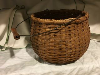 Vintage Hand Woven Splint Wood Gathering Basket With Wire And Wood Handle