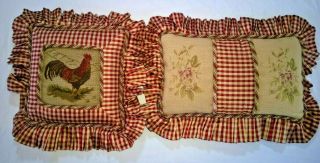 Set Of 2 Rooster And Azaleas Vintage Red Gingham Needlepoint Pillows W/zip Cases