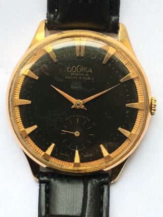 Vintage Rare Men Dogma Prima Ancre 15 Rubis Wrist Watch Gold Au 10 Swiss Made Rr
