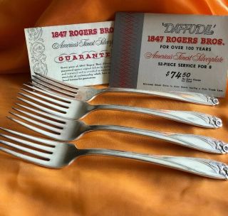 1847 Rogers Bros Daffodil Pattern 4 Dinner Forks From 1950 Silver Plate 7 1/2”
