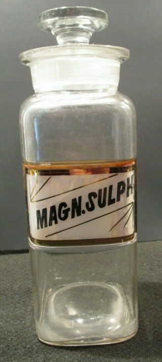 1890 8 In Label Under Glass Magn.  Sulph.  Apothecary Drugstore Bottle & Stopper