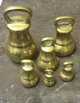 Set Of Six Antique Brass Bell Weights.  4lb To 2 Oz A999