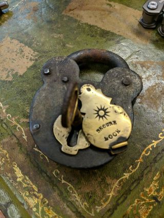 Antique Iron & Brass Padlock Lock With Key Old Vintage