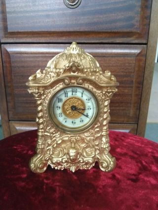 Antique Gilt Brass Mantel Clock British United Clock Company 15cm High X10 X5cm