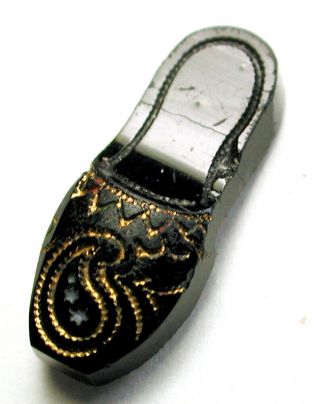 Antique Black Glass Button Realistic Shoe Design W/ Gold Luster Accents - 3/4 "