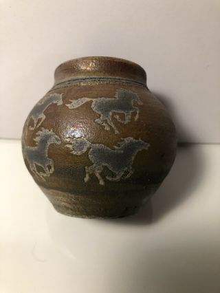 Rare Raku Studio Pottery Ceramic Art Jar Vase With Wild Horses Signed By Artist