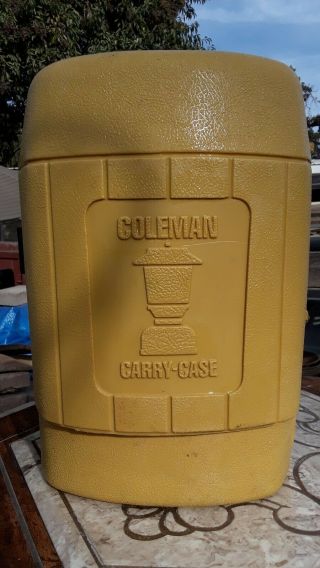 Vintage Coleman Yellow Lantern Hard Carry Case Clam Shell W/ Funnel