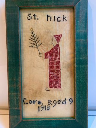 Antique Schoolgirl Needlework Sampler - Dated 1913 - Framed - Christmas St.  Nick
