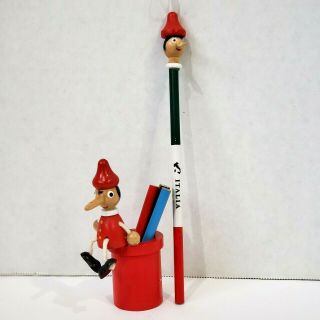 Rare Vintage Set Pinocchio - Head Pencil & Pencil Holder Italy Hand - Painted Red