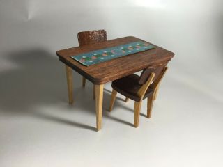 Lundby Dollhouse Dining Table And Chairs " Teak " Wood Vintage Mcm