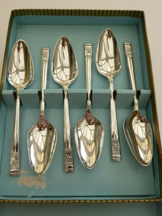 Art Deco Boxed Set Of 6 X Silver Plated Patterned Grapefruit Spoons 1490912/917