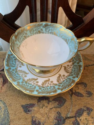Vintage Royal Stafford England Bone China Tea Cup& Saucer Gilded Green Border