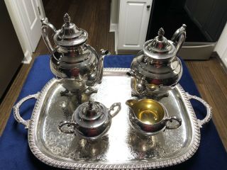 4 Pc Wm Rogers Silver Plated Tea Set & A Leonard Silver Footed Serving Tray