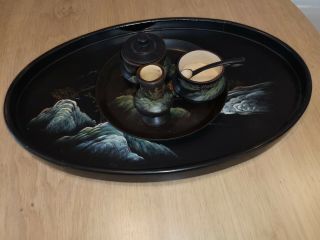 Vintage Chinese Paper Mache Tray,  Plate And Condiment Set.