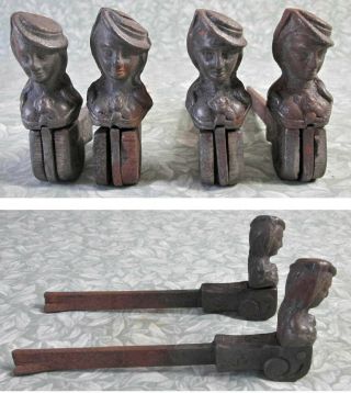 2 Pairs Antique French Cast Iron Window Shutter Stoppers Lady Figure Hold Backs