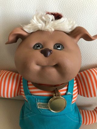 Vintage 1985 Cabbage Patch Koosas Dog with Blue Overalls,  Collar and Dog Tag 2