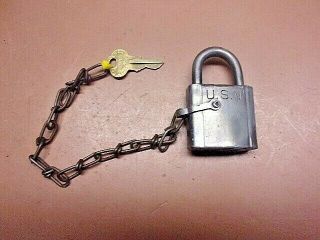 Vintage Rare U.  S.  N.  Solid Brass Navy Padlock Lock W/key & Chain Chicago Lock Co.