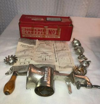 Vintage Universal Food And Meat Chopper No.  1 Hand Crank Wood Handle W/box