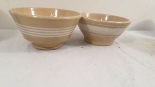 2 Antique Vintage Ceramic Brown Bowls With White Stripes