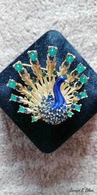 Rare Vintage 2 " Signed/numbered Boucher Enamel Rhinestone Peacock Brooch Pin