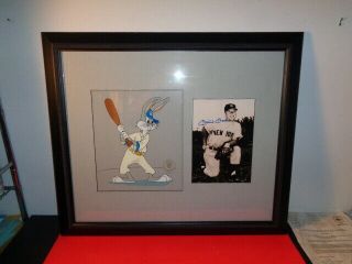 Rare Bugs Bunny In Baseball Uniform Cel With Mickey Mantle Signed Photo With
