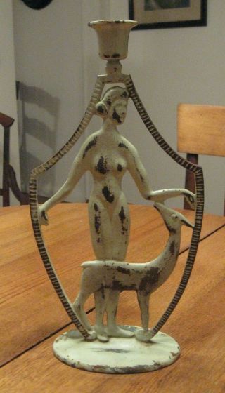 Vintage Art Deco Nude Woman & Deer Metal 12 " Tall Iron Candlestick Holder