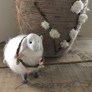 Primitive Folk Art Handmade Polymer Clay White Face Angora Sheep With Necklace