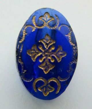 Brilliant Antique Vtg Victorian Cobalt Glass Button Incised Gold Luster (r)