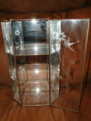 13.  5 " Glass & Brass Etched Table Top Or Hanging 3 Shelf Mirrored Curio Display